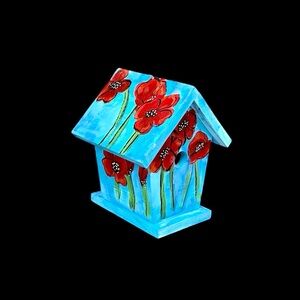 Hand-Painted by seller Poppies.Birdhouse with Red Flowers